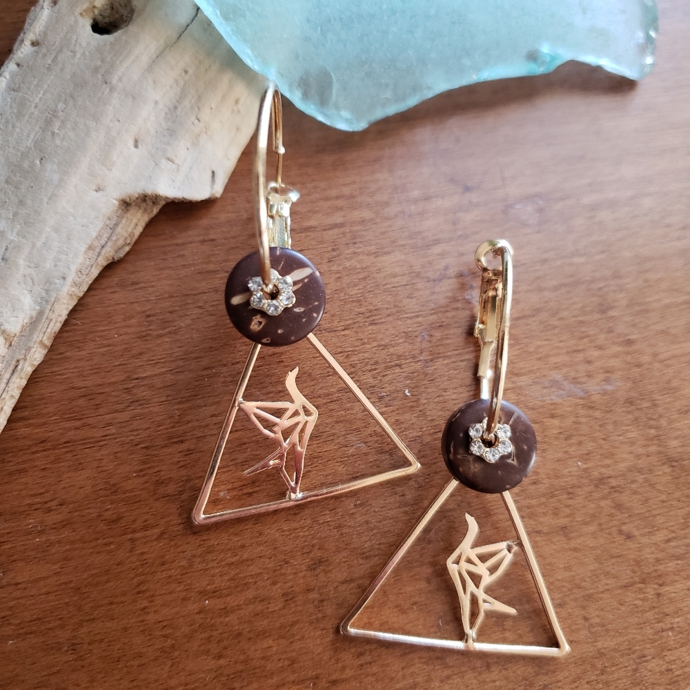 Handmade Gold Japanese Origami Crane on the Hoops Earrings